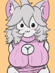 1girls 3:4 animated anthro blue_nipples blush breast_drop breasts clothing exposed_breasts felid feline feline_ears female grey_hair hair lexel732 mammal nipples orange_background presenting silly_face simple_background solo sweater_lift undressing vertical_video white_body