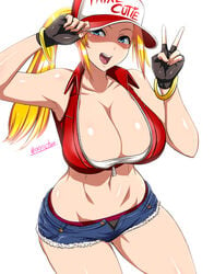 1girls armpits canon_genderswap cleavage fatal_fury female female_terry gender_transformation genderswap_(mtf) hat king_of_fighters large_breasts okyou peace_sign rule_63 snk snk_heroines:_tag_team_frenzy terry_bogard v