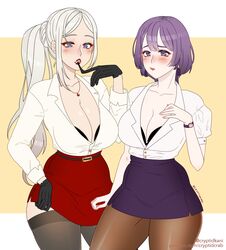 2girls bernadetta_von_varley blue_eyes blush bra bra_cups_sticking_out cleavage collarbone cryptid_crab edelgard_von_hresvelg female_only fire_emblem fire_emblem:_three_houses gloves gloves_removed grey_eyes large_breasts leggings lips lipstick long_hair medium_hair milf miniskirt nintendo office office_lady open_clothes open_shirt pantyhose pencil_skirt ponytail post-timeskip purple_hair purple_skirt red_skirt seductive shirt silver_hair skirt skirt_suit taking_off_glove thick_thighs thighhighs tight_skirt undressing white_hair