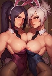 2girls ai_generated angry angry_expression areola_slip areolae big_breasts blush breast_press breasts bunny_ears bunny_tail bunnysuit catfight female fight irelia_xan league_of_legends long_hair looking_at_another nipple_slip nipples ponytail pressing_breasts riven rokc123 short_hair slim_waist standing white_hair