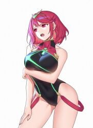 arm_under_breasts ass_visible_through_thighs bangs bare_shoulders black_swimsuit blush breasts chest_jewel collarbone competition_swimsuit covered_navel cowboy_shot earrings eyebrows_visible_through_hair female gem headpiece jewelry large_breasts looking_at_viewer one-piece_swimsuit open_mouth pose pyra_(xenoblade) red_eyes red_hair shiny_hair short_hair sidelocks simple_background solo swept_bangs swimsuit thighs tiara white_background