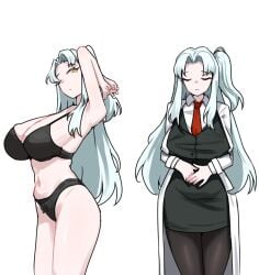1girls angela_(lobotomy_corporation) blue_hair bra breasts cat___nip cleavage closed_eyes dress female female_only huge_breasts labcoat lobotomy_corporation neutral_expression one_eye_closed panties pencil_skirt project_moon side_ponytail simple_background solo underwear white_background yellow_eyes