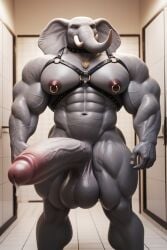 abs ai_generated anthro balls elephant front_view furry furrypornaddiction huge_balls huge_cock leather_harness looking_at_viewer male muscles muscular muscular_male nipple_piercing penis realism realistic saggy_balls solo veiny_muscles veiny_penis