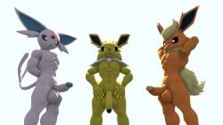 3d_(artwork) abs anthro digital_media_(artwork) doomlazy27 eeveelution espeon flareon generation_1_pokemon generation_2_pokemon genitals group hi_res jolteon kabalmystic male male/male muscular nintendo penis pokemon pokemon_(species) prisma3d trio