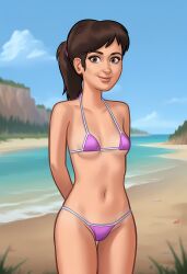 2d 2d_(artwork) ai_generated bikini bikini_bottom bikini_top brown_hair brown_hair civitai cleavage daeisi digital_drawing_(artwork) light-skinned_female light_skin looking_at_viewer mia_(summertime_saga) petite petite_body pink_bikini pink_bra pink_panties ponytail pose posing showing_off small_breasts smile smiling summertime_saga teenage_girl teenager