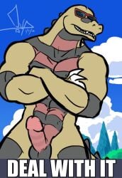 1boy 2boys blonde_hair blue_sky carrying cloud cloudy_sky day english_text facial_hair gen_7_pokemon grin male_focus multiple_boys no_humans open_mouth outdoors parody pokemon_(creature) sharp_teeth sky smile sunglasses tank_top teeth