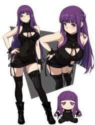 1girls :t absurdres bare_shoulders black_boots black_nails black_sweater black_thighhighs boots breasts covered_navel dress female fern_(sousou_no_frieren) hand_on_own_hip highres kekel large_breasts leaning_forward long_hair multiple_views pout purple_eyes purple_hair simple_background sousou_no_frieren stuffed_toy sweater sweater_dress thighhighs turtleneck turtleneck_sweater very_long_hair white_background