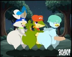 animated anthro ass big_butt big_penis bonguitoweon bouncing_butt forest generation_5_pokemon generation_8_pokemon generation_9_pokemon genitals group group_sex huge_butt huge_hips huge_thighs humanoid hyper hyper_butt hyper_hips interspecies male male/male night nintendo penis plant pokemon pokemon_(species) pokephilia quaxly scorbunny sex snivy thick_thighs train_position tree trio wide_hips