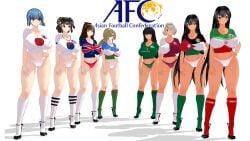 3d 6+girls 8girls artist_request asian_footbal_conferation australia australian_flag big_breasts black_hair brown_eyes brown_hair busty cleavage covered_nipples erect_nipples_under_clothes female female_only flag_print football football_uniform green_eyes grey_eyes hair_over_one_eye hand_on_hip hand_on_leg hand_on_own_leg hand_on_own_thigh hand_on_thigh hi_res high_heels iran iranian_flag japan japanese_flag jordanian_flag large_breasts legs long_hair looking_at_viewer national_personification navel original ponytail qatar qatari_flag red_eyes saudi_arabia saudi_arabian_flag short_hair smile soccer soccer_uniform socks_and_heels south_korea south_korean_flag thighs thong uzbek uzbek_flag voluptuous white_hair world_cup
