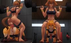 2024 anal anal_sex animal_genitalia animal_penis anthro anus athletic_wear balls big_balls big_penis blue_eyes bodily_fluids boxing_gloves breasts brown_hair canid canine canine_genitalia canine_penis claws clothed clothing detailed_background duo erection fox genital_fluids genitals gym gynomorph gynomorph/gynomorph gynomorph_penetrated gynomorph_penetrating gynomorph_penetrating_gynomorph gynomorph_penetrating_intersex hair handwear hi_res intersex intersex/intersex intersex_penetrated intersex_penetrating intersex_penetrating_gynomorph intersex_penetrating_intersex japanese_kobold knot mammal monster_girl_(genre) monster_musume muscular muscular_gynomorph muscular_intersex orange_eyes orange_hair penetration penile penile_penetration penis penis_in_ass polt_(monster_musume) precum precum_string red_penis senko-san seraziel sex squats sweat tail weights wristband