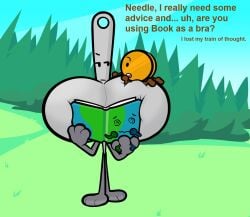 1boy 2girls @_@ battle_for_dream_island battle_for_dream_island_again book book_(bfdi) book_covering_breasts breasts coin coiny disregardigan female hyper hyper_breasts male needle needle_(bfdi) no_genitals no_penis no_pussy object_show object_shows ouch_meme outside sitting_on_breasts tagme