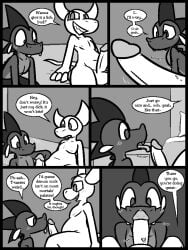 2025 2_horns anthro anthro_on_anthro bed bodily_fluids comic demon dialogue dragon duo emerald_(ultilix) english_text erection european_mythology furniture genital_fluids genitals greyscale grin horn humanoid_genitalia humanoid_penis inside licking male male/male monochrome motion_lines mythological_creature mythological_scalie mythology nervous nipples on_bed oral penile penis penis_lick precum scalie sex sharp_teeth sitting slightly_chubby slightly_chubby_anthro slightly_chubby_male smile speech_bubble teeth text throbbing throbbing_penis to-be-named-later tongue ultilix western_dragon