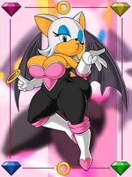 1girls anthro bat_wings big_ass big_breasts chaos_emerald cleavage female female_only omni_erasis rouge_the_bat shortstack solo sonic_(series) white_hair wings wink