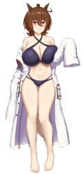 1girls agnes_tachyon_(umamusume) ahoge barefoot bikini blush breasts cleavage empty_eyes eyebrows_visible_through_hair female female_only full_body horse_ears horse_girl huge_breasts lab_coat looking_at_viewer off_shoulder smile solo swimsuit umamusume umamusume_pretty_derby yuugatou_(yuuzutu)
