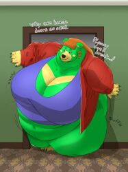 1girls animal_crossing artist_request bear belly big_belly brown_hair charlise_(animal_crossing) claws clothed clothing dialogue exposed_belly exposed_midriff fat fat_ass frustrated furry inner_monologue jacket large_ass large_breasts morbidly_obese navel nintendo obese obese_female onomatopoeia overweight struggling struggling_to_fit stuck stuck_in_door text tits_i'd_like_to_play_with