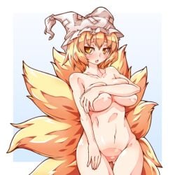 animal_ears blonde_hair blush breast_hold breasts collarbone covering covering_breasts female fox_tail hat large_breasts looking_at_viewer multiple_tails navel nipples nude oerba_yun_fang open_mouth pillow_hat pussy ran_yakumo short_hair solo tail touhou yakumo_ran yellow_eyes