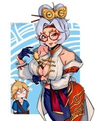 1boy 1girls absurdres bare_shoulders between_breasts black_gloves blonde_hair blush border breasts cleavage collarbone female flute glasses gloves grey_hair hair_up highres instrument jrpuls3 jrpulse link looking_at_viewer mask mask_on_head nintendo purah red-framed_eyewear red_eyes round_eyewear saliva saliva_trail short_hair tears_of_the_kingdom the_legend_of_zelda the_legend_of_zelda:_tears_of_the_kingdom tongue tongue_out twitter_username white_background white_border