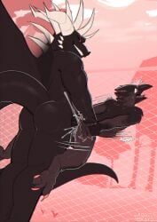 anal anal_sex anthro arm_pull ass avian beak bent_over big_dom_small_sub bird black_body black_feathers black_scales bodily_fluids corvid corvus_(genus) crow cum cum_in_ass cum_inside cumshot dominant dragon duo ejaculation exsys feathers from_behind_position genital_fluids grin horn male male/male membrane_(anatomy) membranous_wings mythological_creature mythological_scalie mythology open_beak open_mouth oscine passerine penetration penile penile_penetration penis penis_in_ass prison_guard_position red_eyes scales scalie sex size_difference smaller_penetrated smile spikes tail thick_tail wings