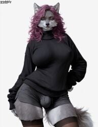 1girls ai_generated big_breasts bulge bulge_through_clothing bulge_under_clothes cute cute_face female furry furry_ears furry_female furry_only furry_wolf futa_focus futa_only futanari hentai horny horny_face horny_futa large_breasts massive_breasts mature_female nipples_visible_through_clothing original original_art original_artwork original_character penis_under_clothes pov_eye_contact purple_eyes purple_hair shorts srodskiy stockings sweater tagme trap vulgar wolf wolf_ears wolf_girl
