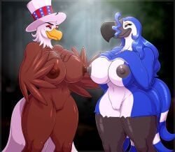 2020 2020s 2girls 3_fingers accessories_only accessory accipitrid accipitriform american_flag anthro anthro_female anthro_only areolae ass athletic_female avian avian_female avian_humanoid big_beak big_breasts big_hat big_tail big_thighs bird black_beak black_eyebrows black_eyelashes black_legs blue_areola blue_feathers blue_hair blue_macaw blue_tail blurred_background breasts brown_areola brown_feathers busty closed_beak comission completely_nude completely_nude_female countershade_tail countershade_torso countershading curly_tail curves digital_media_(artwork) duo duo_focus elbow_tuft erect_nipples feathers female female_only fit fit_female forest forest_background freeda_(himynameisnobody) glistening_breasts glistening_hair glistening_tail hands_on_breasts hat hawk hawk_girl hi_res hourglass_figure humanoid lesbian_couple lesbians long_feathers long_hair looking_at_another looking_at_breasts macaw macaw_humanoid multiple_tails navel nipples nipples_touching no_ears no_wings non-mammal_breasts nude nude_female pussy pussy_outline reina_(himynameisnobody) standing tail tridark voluptuous voluptuous_female watermark yuri