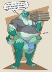 anthro balls beard belchgut belly big_balls big_belly big_penis box canid canine clothing container delivery_(commerce) delivery_employee dialogue english_text erection facial_hair food_carrier food_delivery fur genitals green_body green_fur green_hair hair hi_res huge_balls huge_cock male male_pred mammal mature_male musclegut muscular muscular_arms muscular_male overweight overweight_male pecs penis pizza_box pizza_delivery pizza_delivery_carrier text thong threatening_vore underwear vore