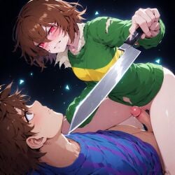 1boy 1boy1girl 1girls ai_generated brown_hair chara female female_on_top frisk knife male red_eyes reverse_rape sex tagme undertale