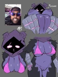 anthro areola armor bear big_breasts bikini bottomless breasts clothed clothing empty_eyes epic_games eye_scar facial_scar female fortnite front_view fur gauntlets gloves grey_background grey_body grey_fur hand_on_hip handwear hi_res mammal navel nipple_outline nipple_piercing nipples nude obscured_face piercing pink_bikini pink_clothing pink_swimwear purple_areola purple_body purple_fur purple_hood purple_nipples pussy_squish raven_team_leader sanygtr scar simple_background solo swimwear text thick_thighs two-piece_swimsuit white_eyes wide_hips