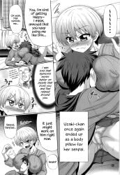 1boy1girl big_breasts blush blushing blushing_female breasts comic dialogue face_in_breasts greyscale hana_uzaki head_in_cleavage imminent_hypnosis large_breasts laying_on_breasts macchadokoro monochrome nipple_bulge nipples nipples_visible_through_clothing panties pendulum sakurai_shinichi shinichi_sakurai sleeping sleeping_on_breasts sleeping_on_person sweat sweatdrop sweater text upskirt uzaki-chan_wa_asobitai! uzaki-chan_wants_to_hang_out! uzaki_hana warashibe