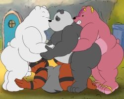 all_fours anal anal_sex anthro ass_up bear belly big_belly camp14 cartoon_network fellatio from_behind_position front_view fur generation_7_pokemon grin group hi_res ice_bear_(we_bare_bears) incineroar kissing male male/male mammal moobs nintendo oral oral_penetration overweight overweight_male panda_(we_bare_bears) penetration penile pink_body pink_fur pokemon pokemon_(species) red_body red_fur sex side_view smile standing standing_sex ursine we_bare_bears white_body white_fur