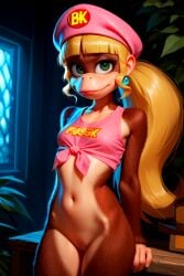 1girls ai_generated anthro beret blonde_hair brown_fur cleft_of_venus dixie_kong donkey_kong_(series) donkey_kong_bananza donkey_kong_country earrings female_focus furry furry_female green_eyes jewelry long_hair looking_at_viewer navel nintendo ponytail pussy rareware