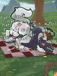 anthro anthro_on_anthro anus basket bedding blanket blush brave_(dbravefurry113) brown_hair canid canine canis closed_eyes coin container deep_penetration duo exposed_butt feet fluffy fluffy_tail from_front_position gold_(metal) gold_coin grass hair hi_res judas_(judasthesinner) judasthesinner kissing kissing_while_penetrated kissing_while_penetrating lagomorph legs_in_air leporid male male/male mammal mating_press moan nude on_grass onomatopoeia outside outside_sex penetration picnic picnic_basket pink_anus plant plap rabbit sex sound_effects spread_toes tail text toes wiggling_toes wolf