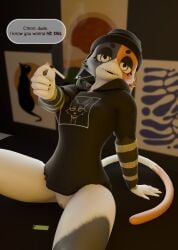 3d_(artwork) absurd_res anthro beanie bed bottomless calico_cat cigarette clothed clothing dialogue digital_media_(artwork) domestic_cat epic_games felid feline felis female fortnite fur furniture genitals hat headgear headwear hi_res lighter looking_at_viewer mammal meow_skulls on_bed piercing poster pussy seriuswolf_(modeler) shimshimakaze shirt smile smoking solo solo_focus speech_bubble tail topwear vulva