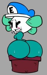 artist_request ass black_eyes blush blushed_face ellis_(ellisbros) female flower flowerpot focus full_body green_body grin hat horny mario_hat nervous original_character petals plant plant_girl plump_ass sona sweat sweatdrop sweating white_face