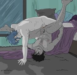 2boys 2d_(gorillaz) 2doc anal_penetration anal_sex arm_tattoo condom_on_penis deep_penetration erect_nipples erection flaccid_while_penetrated gay gorillaz head_down_ass_up legs_held_open looking_at_partner male_only murdoc_niccals penis_size_difference piledriver_position pleasure_face spread_legs studoc uncut upside-down_splits upside_down