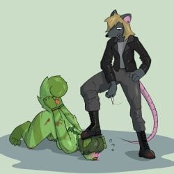 ambiguous_gender anthro blonde_hair blood blush bodily_fluids bondage bondage boots bound canid canine canis cigarette cigarette_smoke clothed clothing domestic_dog duo ear_piercing female female/ambiguous footwear fully_clothed fur green_body green_fur green_hair grey_body hair hand_on_hip hands_tied_behind_back hi_res jacket kneeling leather leather_clothing leather_jacket leather_topwear long_pants looking_down looking_down_at_partner mammal murid murine nude paws piercing rat rat_tail restraints rodent rope rope_bondage rope_harness shellsist shoes smoke standing stepping_on_head sweat sweatdrop tail topwear wounded