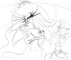 angel anthro avian big_breasts bird blush breasts clothing dialogue duo feathers female hat hazbin_hotel headgear headwear hellaverse hi_res male monochrome nipples open_mouth open_smile reptile scalie sir_pentious_(hazbin_hotel) smile snake speaker_of_god_(hazbin_hotel) thick_thighs tinny_apple tongue