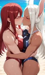 , ai_generated beach, bearhug, erza_scarlet fairy fairy_tail, female kissing, miruko my_hero_academia, yuri