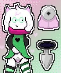 1boy 1femboy 1femboys anal blush buttplug buttplug_in_ass chastity chastity_(disambiguation) chastity_cage chastity_device close-up close_up deltarune dress embarassed femboy flat_chastity_cage fur furry furry_only glasses goat goat_horns green_clothing male mismatched_legwear ralsei ralsei_(deltarune) ralsei_with_white_fur revealing revealing_clothes sh4rdz_(artist) shy striped_legwear striped_thighhighs thigh_highs thighhighs thighs toby_fox white_fur