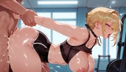 1boy 1girls ahe_gao ai_generated all_fours ass ass_ripple balecxi bangs bare_shoulders bent_over black_clothes black_sports_bra blonde_hair blue_eyes blush bottomless braid breasts choker clothed_female clothed_female_nude_male clothed_sex clothes_lift clothes_pull clothing cum curvaceous curvaceous_female curvaceous_figure curvy curvy_figure doggy_style earrings ejaculation evelyn_chevalier female female female_focus from_behind gym gym_clothes gym_uniform hair_ornament hanging_breasts indoors jewelry large_breasts light-skinned_female male nakadashi navel nipples nude open_mouth overflow penis ponytail rolling_eyes saliva semen sex sex_from_behind shirt short_hair short_shorts shorts solo_focus sports_bra standing standing_sex straight sweat taken_from_behind thick_thighs thighs tongue tongue_out underwear vagina vaginal_penetration voluptuous voluptuous_female zenless_zone_zero