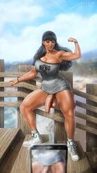 armpit armpit_hair bangs big_balls big_breasts big_penis black_hair blush blushing_at_viewer bottomless breasts cleavage cleavage_overflow dickgirl earbuds exibitionism female filming flexing flexing_bicep flexing_muscles foreskin freckles freckles_on_breasts freckles_on_face futanari green_eyes hood hot jojobanks licking_teeth long_hair looking_at_viewer muscles muscular muscular_futa muscular_thighs original original_character phone phone_screen pov pov_eye_contact precum pubic_hair public_exposure public_indecency public_nudity recording recording_on_phone smile smiling smiling_at_viewer solo_futa summer sweat sweatdrop sweating sweaty_body tanned tanned_girl tanned_skin thick_thighs uncut veiny_penis