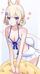 ahoge animal_ears bikini bikini_skirt blonde_hair blue_eyes bracelet breasts cleavage female flower hair_ornament innertube looking_at_viewer medium_breasts short_hair skirt smile solo striped striped_bikini swimsuit tail vyugen yenko