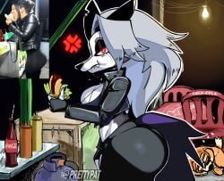 absurd_res angry anthro ass big_breasts big_butt bottomwear breasts canid canine canis clothed clothing coca-cola crop_top domestic_dog ears_back eating fangs female fingerless_gloves food fur furniture gas_tank gloves hair handwear hellaverse helluva_boss hi_res jacket la_tiapat leather leather_clothing leather_jacket leather_topwear loona_(helluva_boss) mammal pants photo_reference pivoted_ears red_eyes reference_image shirt solo table taco tail teeth thick_thighs topwear white_body white_fur white_hair wolf yoga_pants