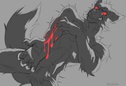 anthro arm_tuft bared_teeth blood bodily_fluids canid canine cheek_tuft cobu drooling elbow_tuft facial_tuft front_view hi_res male male_anthro mammal navel nude partially_colored saliva scratching self-harm shoulder_tuft signature simple_background solo tail tuft wounded