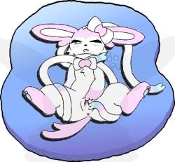 anus blue_eyes blush bodily_fluids boochaflare cum cum_in_vagina cum_inside eeveelution female feral fur generation_6_pokemon genital_fluids genitals humanoid_genitalia humanoid_vulva looking_at_viewer lying nintendo on_back pink_body pokemon pokemon_(species) presenting ribbons simple_background solo spreading sylveon vulva white_body wrapped