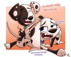 101_dalmatian_street 101_dalmatians 1boy1girl 2024 artist_signature black_body black_fur black_spots blue_eyes brother brother_and_sister canid canine canis closed_eyes closed_eyes collar cub dalmatian deepak_(101_dalmatians) dialogue digital_drawing_(artwork) digital_media_(artwork) disney dog_collar dolly_(101_dalmatians) domestic_canine domestic_dog english english_dialogue english_text fangs female female_canine female_dog female_feral feral feral_female feral_focus feral_male feral_only floppy_ears hi_res high_resolution highres large_ears larger_female laying laying_down laying_on_floor laying_on_ground laying_on_stomach looking_back looking_over_shoulder looking_pleasured lying lying_down lying_on_floor lying_on_ground lying_on_stomach male male/female male_canine male_cub male_dog male_feral massaging massaging_head older older_female older_sister open_mouth open_smile paws petting petting_head pkbrnsh0ck_(artist) relax relaxed relaxed_expression relaxing siblings simple_background sister size_difference smaller_male smile smiling smiling_at_another spots spotted_body spotted_fur standing_position tail white_body white_fur white_spots yoga young younger_brother younger_brother_and_older_sister younger_male