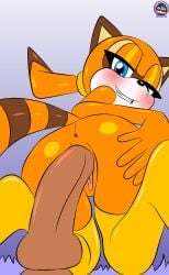 absurd_res aged_up anthro anus ass blue_eyes blush bodily_fluids breasts butt_focus clothing dildo dildo_in_vagina dildo_insertion dildo_sitting female female_penetrated fur genital_fluids genitals half-closed_eyes hand_on_butt hi_res lagomorph legwear leporid looking_at_viewer looking_back looking_back_at_viewer mammal marine_the_raccoon multicolored_body multicolored_fur narrowed_eyes nipples nude open_mouth orange_body orange_fur penetration pose procyonid raccoon sega sex sex_toy sex_toy_in_vagina sex_toy_insertion sirjzau solo sonic_(series) sonic_the_hedgehog_(series) stockings vaginal_fluids vaginal_penetration vulva