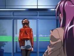 2004 2girls animated anime_screenshot ass bible_black bible_black_new_testament brown_hair female ichikawa_aki imari_kurumi leather_jacket long_hair miniskirt multiple_females multiple_girls purple_hair shin_bible_black side_ponytail skirt tagme thighhighs tokken_division walking walking_away zettai_ryouiki