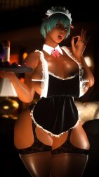 big big_ass big_breasts blowjob_gesture female_only final final_fantasy_xiv gpose_(ffxiv) green_eyes green_hair maid maid_apron tan_skin thick_thighs thigh_squish
