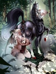 artist_(pashet) ball_worship bat_wings black_hair black_horse blonde_hair braided_hair braided_ponytail brown_skin centaur centaur_futa cock_worship collaborative_fellatio curvaceous curvy curvy_female curvy_figure diplomacyraptor diplomacyraptor_oc equine_genitalia equine_penis fluffy_ears fluffy_tail glasses horns horse_ears horse_penis horse_tail horse_taur horsecock implied_fellatio implied_oral implied_rimming large_ass large_breasts large_tail licking licking_balls licking_penis lipstick lipstick_mark lipstick_on_balls lipstick_on_penis long_hair manticore muscular muscular_futa nyx_(diplomacyraptor) purple_skin red_hooves silver_hair stripes tail tan_skin tattoo tattooed_arm tattoos tiefling tiefling_girl wilderness wings woods