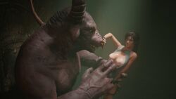 1boy 1girls 1monster 3d 3d_(artwork) assisted_exposure barbell_piercing benjibonjo big_breasts bodysuit breasts breasts_out brown_eyes brown_hair brunette female held_up high_resolution highres human human_female lara_croft large_breasts larger_male long_hair male minotaur monster monster_on_female nipple_piercing nose_piercing nose_ring piercing ponytail rape raped_by_monster resisting size_difference smaller_female tanline tattoo tomb_raider undressing